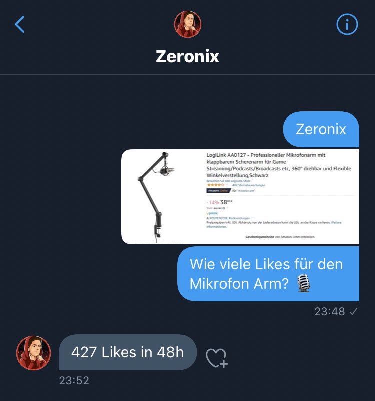 427 LIKES IN 48H!
BITTE LIKED und RETWEETET 🙏💚
Folge JEDEM der RT hat 😘
Bitte, ich brauche diesen Mikrofon Arm 🏋🏻