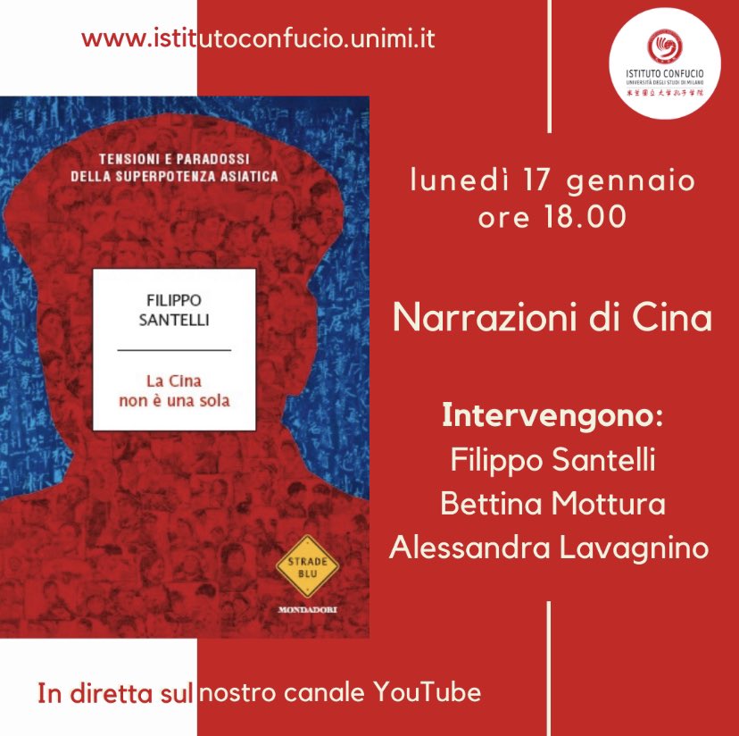 Filippo Santelli (@filipposantelli) on Twitter photo Cari amici, iniziamo l’anno parlando un po’ di Cina. Lunedì alle 17 sarò ospite (virtuale) di <a href="/confucio_unimi/">Istituto Confucio di Milano</a> con le professoresse Bettina Mottura e Alessandra Lavagnino. Se vi va l’incontro si può seguire in diretta (o rivedere) sul canale YouTube dell’Istituto Cari amici, iniziamo l’anno parlando un po’ di Cina. Lunedì alle 17 sarò ospite (virtuale) di <a href="/confucio_unimi/">Istituto Confucio di Milano</a> con le professoresse Bettina Mottura e Alessandra Lavagnino. Se vi va l’incontro si può seguire in diretta (o rivedere) sul canale YouTube dell’Istituto