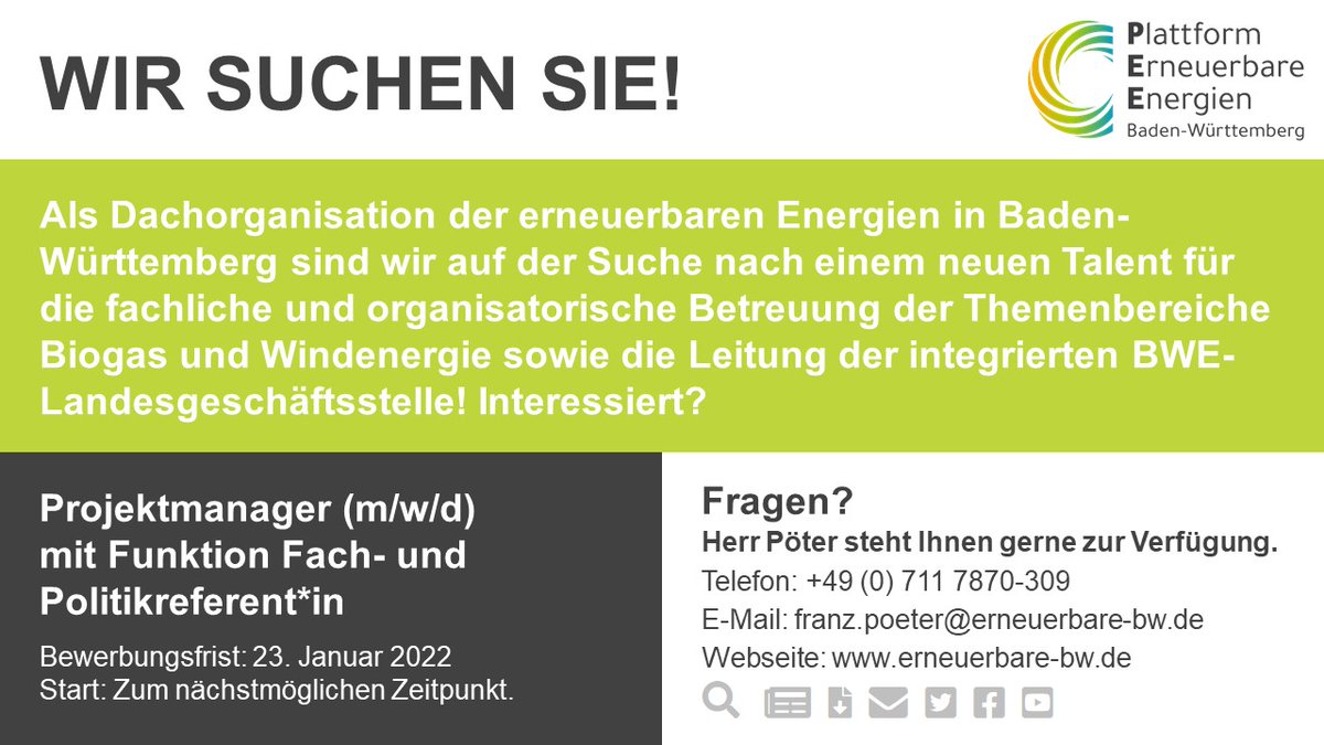 PlattformEEBW's tweet photo. Neue Herausforderung gesucht? Wir bieten Ihnen einen vielseitigen #Job mit Verantwortung im #TeamErneuerbare in und für #BadenWürttemberg. 

>>Zum Stellenangebot: https://t.co/oK5YhqMNEf https://t.co/BipUpeCphs