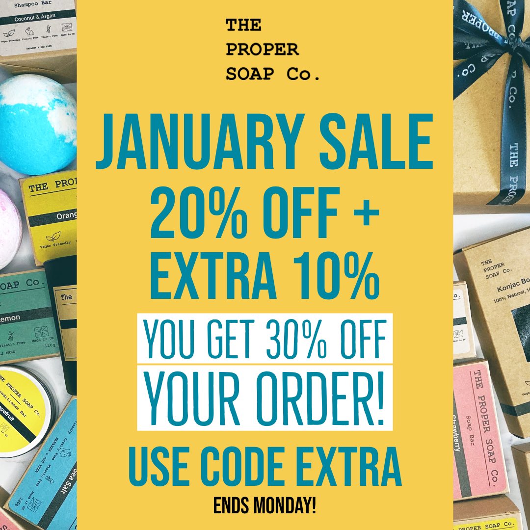 ProperSoap's tweet image. Wash away #JanuaryBlues !
⚡️Extra 10% Off Sale⚡️
🌟Now you get 30% off your order
👉Use Code EXTRA at checkout
🛍Shop thepropersoapcompany.co.uk/discount/EXTRA
#januarysale #sale #SmallBusiness