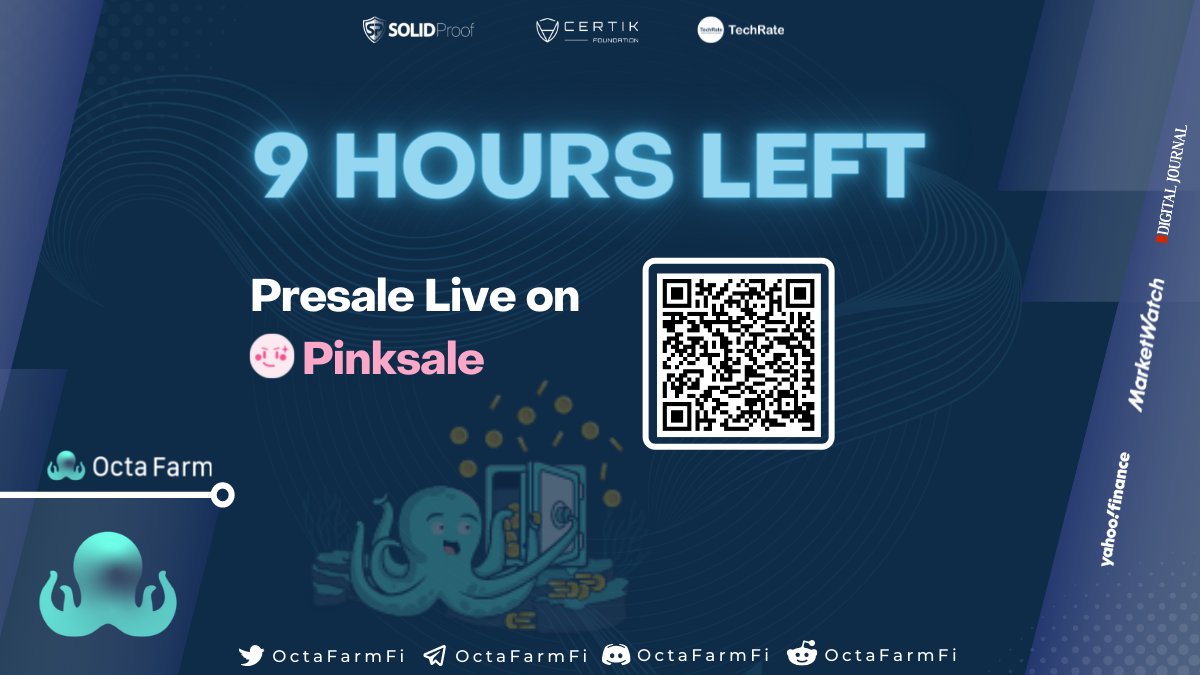 #OctaFarm Presale on PinkSale Launchpad.

Presale 9 hours to go live:
Presale: 1 BNB = 666.66
Public: 1 BNB = 646.66

Audit Partner: Certik/SolidProof

Join Presale: pinksale.finance/#/launchpad/0x…

#octafarm #BNB #bsc #binance #compoundstaking #autocompounding #staking #YieldFarming