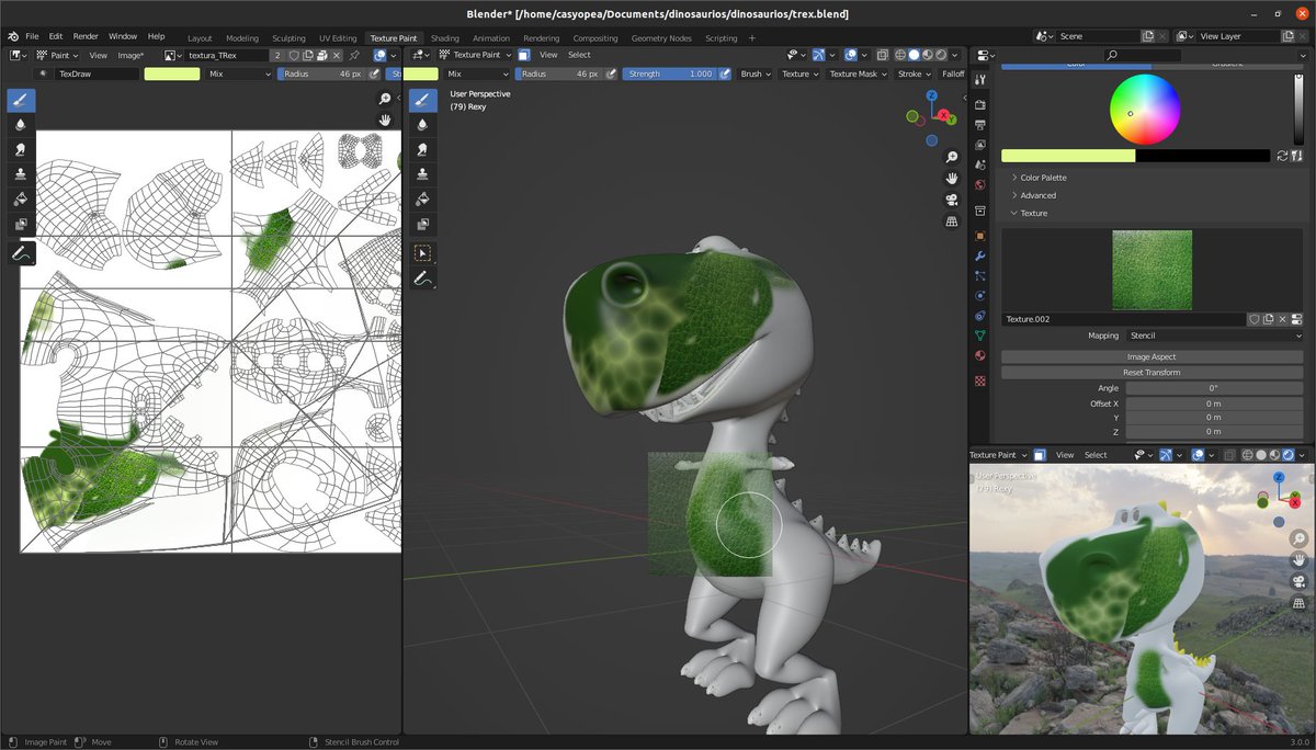 casyopea's tweet image. 3 formas de pintar un dinosaurio en 3D, brocha con color directo, brocha con mascara de textura procedural y brocha con stencil #b3d #blender3d #CursosBlender #BlenderEducation #ninos #ciencia #SoftwareLibre