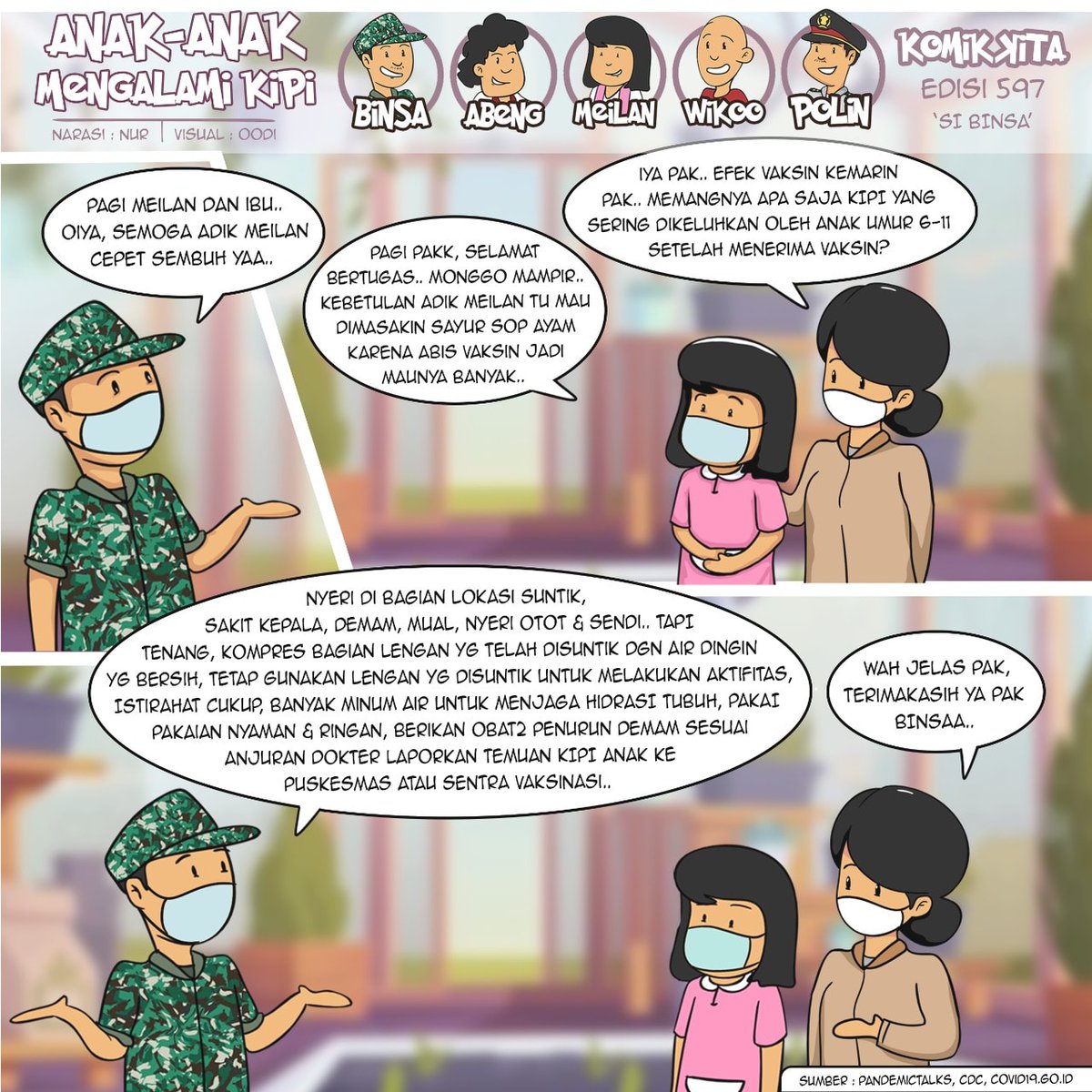 Sobat Binsa, coba deh cara ini pada saat anak terkena efek KIPI. Semoga bermanfaat dan mengurangi kepanikan sobat yang punya anak 6-11 tahun☺️

#KomikKita #SiBinsa #P5TNI #MasTagar #stopcovid19JP