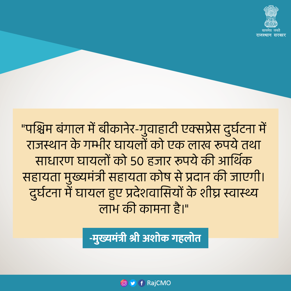RajCMO's tweet photo. पश्चिम बंगाल में बीकानेर-गुवाहाटी एक्सप्रेस दुर्घटना में घायल हुए प्रदेशवासियों के शीघ्र स्वास्थ्य लाभ की कामना है: CM @ashokgehlot51 https://t.co/vWDy7Bdgjh