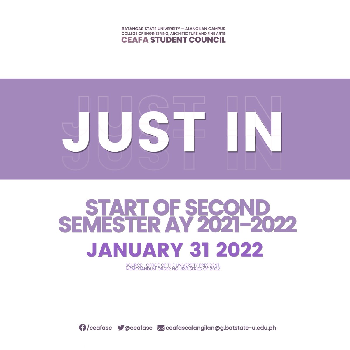 coealangilan_sc's tweet photo. JUST IN: START OF SECOND SEMESTER WILL BE MOVED TO JANUARY 31,2022
#CEAFAmilya #BatStateU #ZitoRedSpartans https://t.co/nqBqWxs9OH