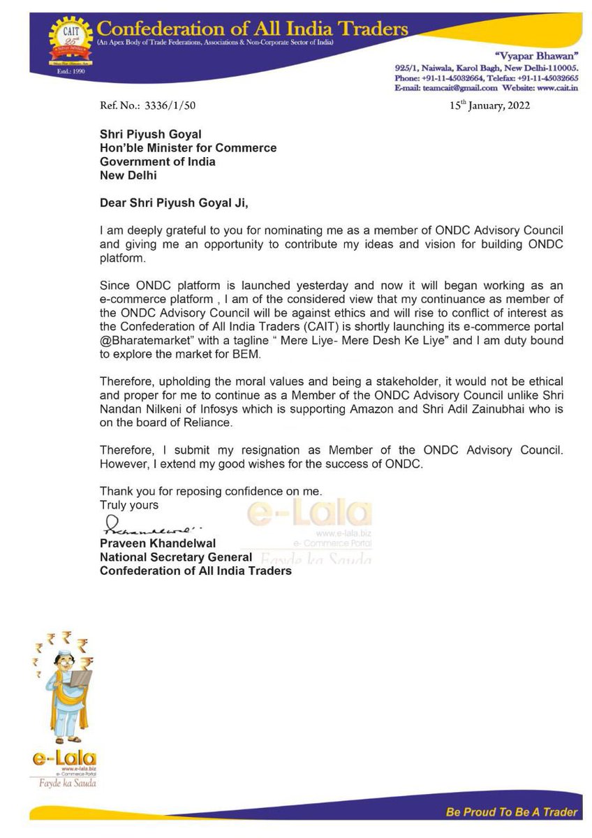 CAITIndia's tweet photo. In pursuance of the highest ethical standards set by @CAITIndia in all it’s endeavours, Shri @praveendel has resigned from ONDC Advisory Council to avoid any conflict of interest. CAIT is committed to fulfill the #DigitalIndia vision of the Hon’ble PM through @BharatEMarket 🇮🇳 https://t.co/YRxwGbWsH9