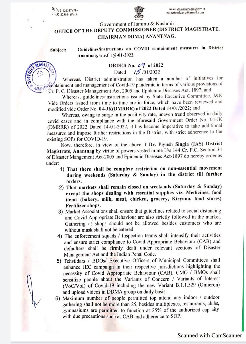 Reeshi_umer's tweet photo. Order regarding enforcement of COVID restrictions and Weekend Curfew in #Anantnag district 
#Kashmir
@DCAnantnag @AnantnagDIPRC 
@dr_piyushsingla https://t.co/i7A0aM1cZq