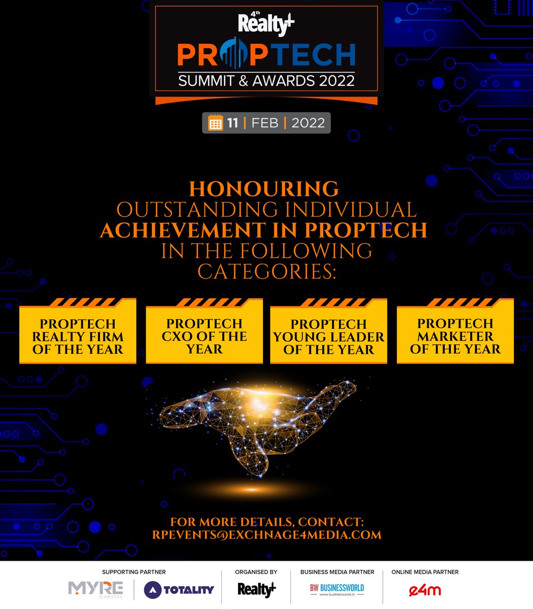 RPRealtyPlus's tweet image. The 4th #Realty+ #PropTechSummit &amp;amp; #Awards2022, scheduled on 11th Feb, will #spotlight the outstanding #achievements of finest #brands &amp;amp; #individuals in India’s evolving #PropTech sector.

Submit your #nominations @, bit.ly/3rin0P3

#RPPropTech2022 #ERP #CRM #IoT #CXO