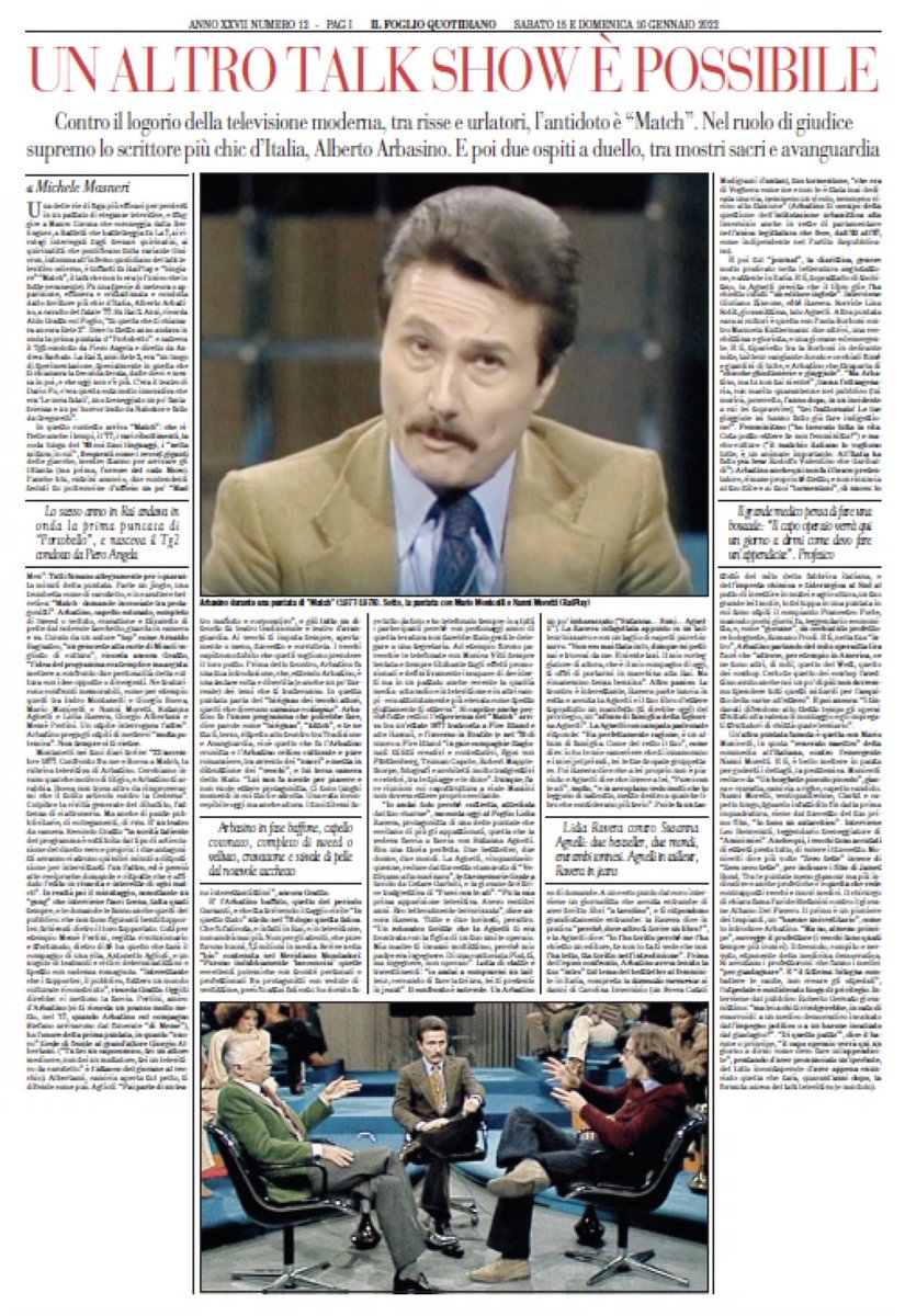 Contro il logorio della tv moderna, l’antidoto è “Match”. Nel ruolo di giudice supremo lo scrittore più chic d’Italia, Alberto Arbasino. E poi due ospiti a duello,  tra mostri sacri e avanguardia. Oggi nel Foglio trovate l'inserto di Michele Masneri edicola.ilfoglio.it/newsstand/inde…