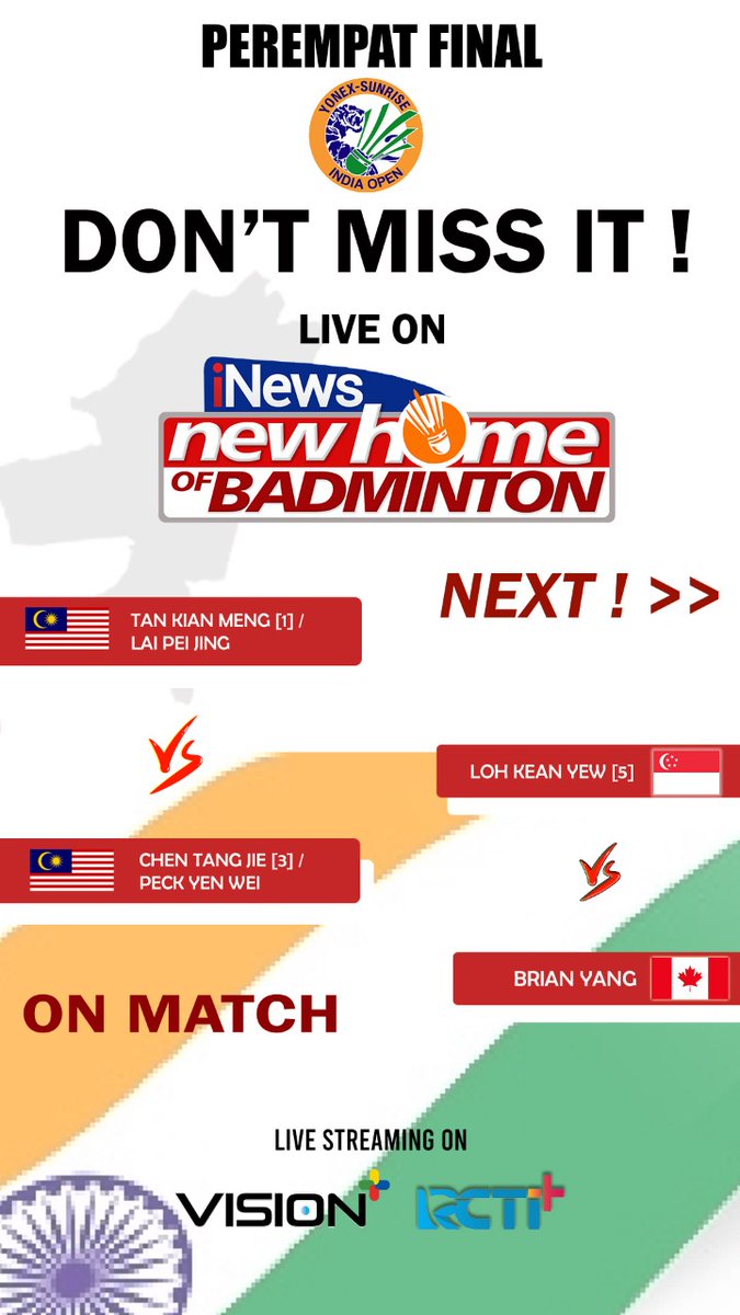 SeputariNews's tweet photo. Jangan Lewatkan !
India Open - Perempat Final
14.20 WIB

#inews #inewstv #sports #indiaopen #badminton #channel #inewsnewhomeofbadminton #2022 #mansingles #ms #md #mendouble #daddies #thedaddies #ahsan #hendra #ahsanhendra #tommysugiharto #tommybadminton #tunggalputra https://t.co/Id6XHkAUV8
