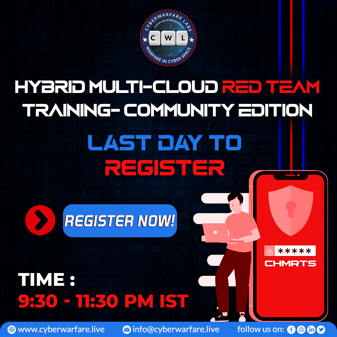 cyberwarfarelab's tweet photo. [Red Team Training] Class link for the most awaited Hybrid Multi-Cloud Red Team Training is out now !

Register here : https://t.co/7S6BiKeXTV

Email : info@cyberwarfare.live

#redteam #multicloud #hybridcloudredteam #cyberwarfare #cyberwarfarelabs #CHMRTS #cloudredteam https://t.co/LJxeO6Dstp