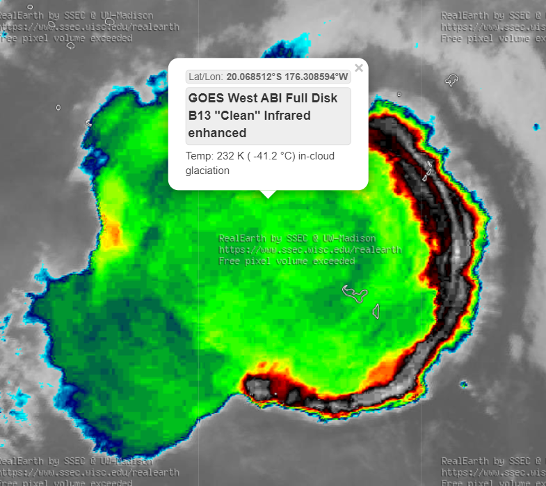 wxmeddler's tweet photo. I pulled the 0z sounding from Fiji which is 700km away, but close enough at this latitude. Temperature at 30km is -45C... and radiances from the "anvil" are -38 to -43C. So fairly safe to say that we're seeing tops just above 30km here minimum. https://t.co/eBlvxtzb5j