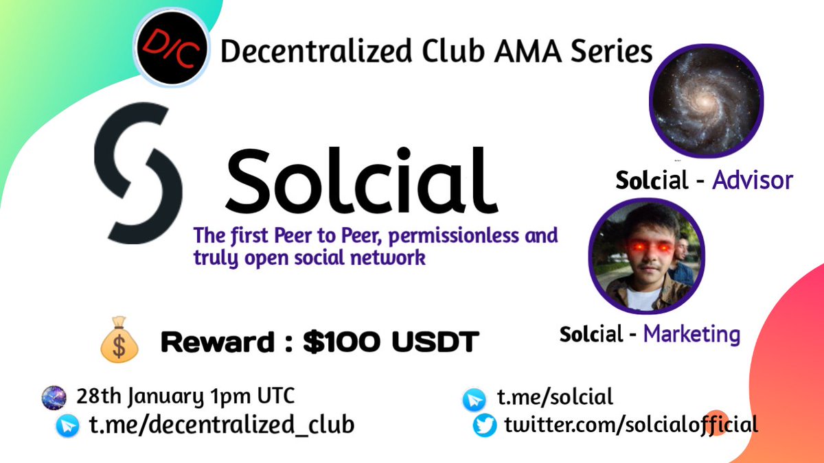 dens_club's tweet photo. DC will host AMA with @solcialofficial on January 28 (2022) at 1PM UTC|8AM EST|6.30PM IST

10 questions from Twitter(5) &amp; Telegram(5) will share $100 USDT. 

1⃣Like,Retweet
2⃣tag 2 friends
3⃣Post Question https://t.co/l0BaPnpTAY