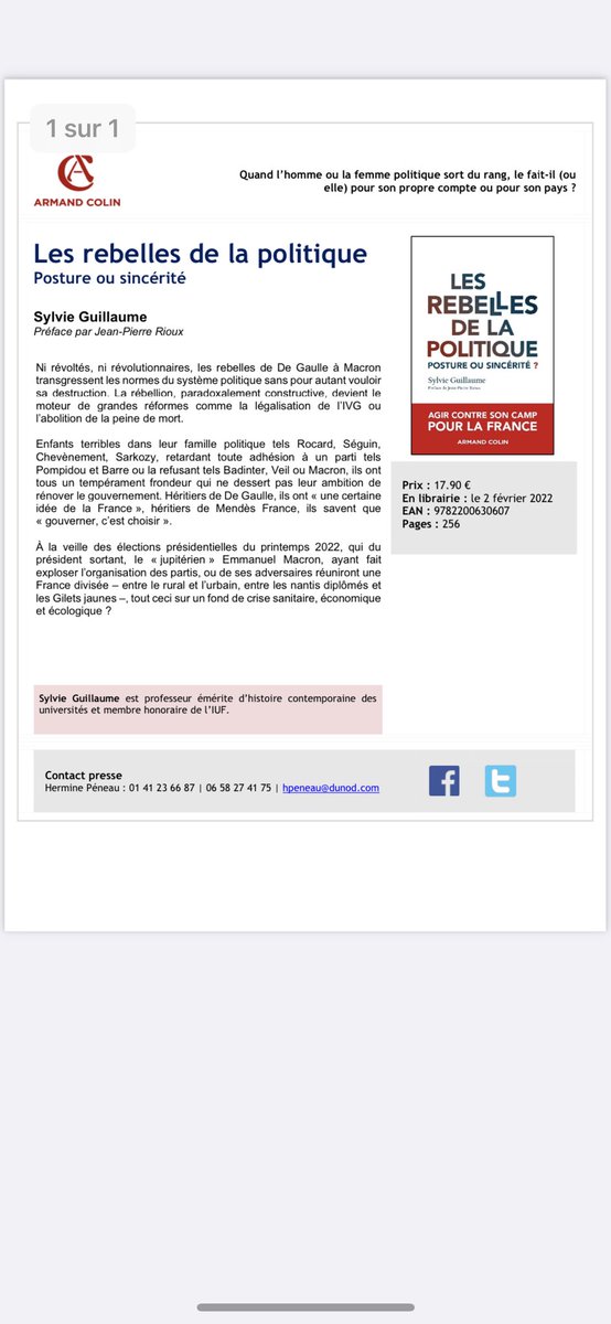 Ma grand-mère d’adoption, brillante historienne, femme de mon grand père Pierre Guillaume, brillant historien lui aussi publie le 2 février ce livre qui me semble passionnant sur les rebelles en politique. Quelle classe 😎. Quel héritage!