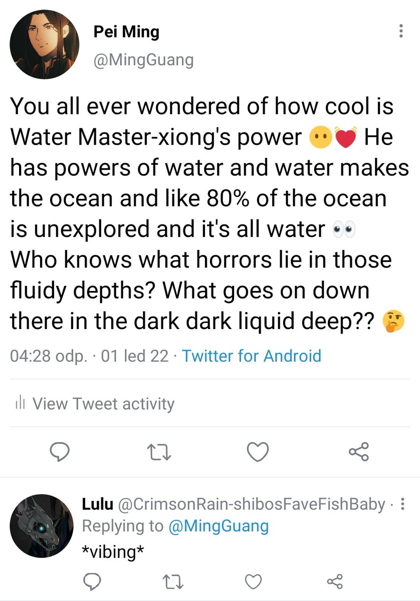 Ying_anSanren's tweet photo. Ah, yes, the deep dark ocean... What secrets must it be hiding? 👀 #mxtx #mdzs #peiming #skeletonfish https://t.co/U2jTxhXJPz