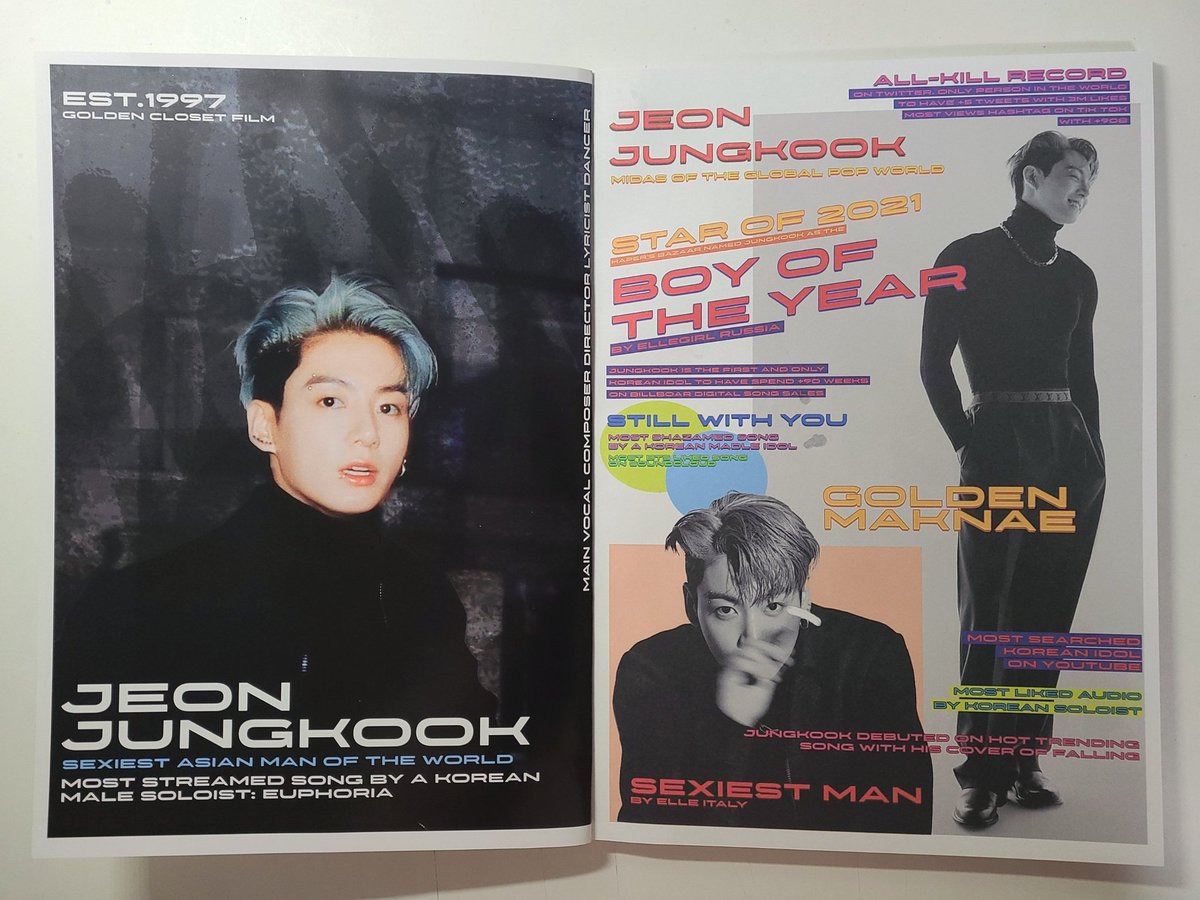 JKMediaUpdate's tweet photo. Ad well made by @jeonsssun, with highlights of Jungkook's social media and Music achievements. Also includes Nicknames given by Media to Jungkook such as "STAR OF 2021", "BOY OF THE YEAR", "SEXIEST MAN" and many more...

"BIG ISSUE MODEL JUNGKOOK"
#GoldenVisualJungkook https://t.co/w0hDYJniKN