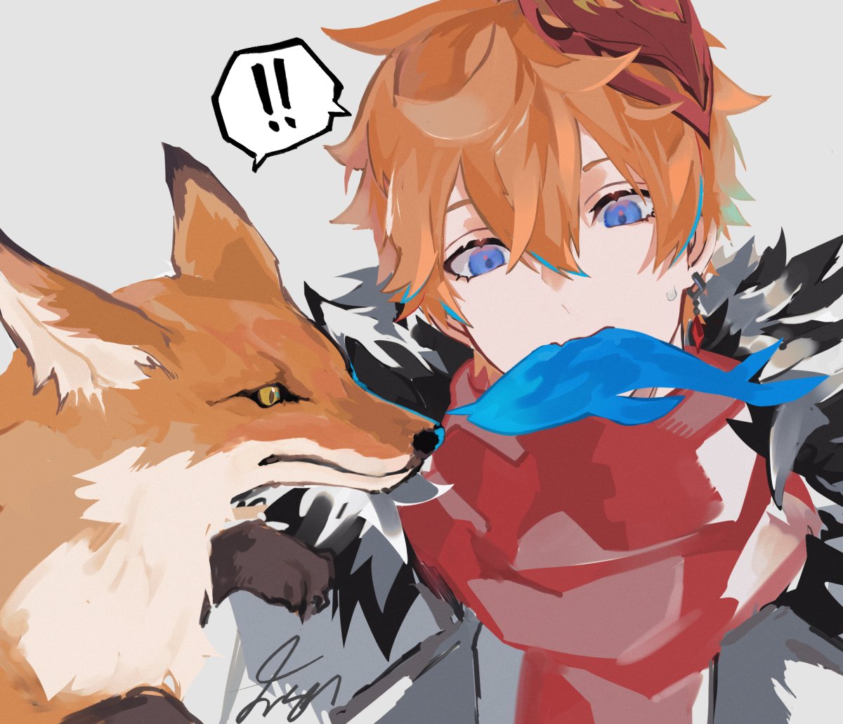 tartaglia (genshin impact) 1boy male focus ! mask blue eyes fox red scarf  illustration images