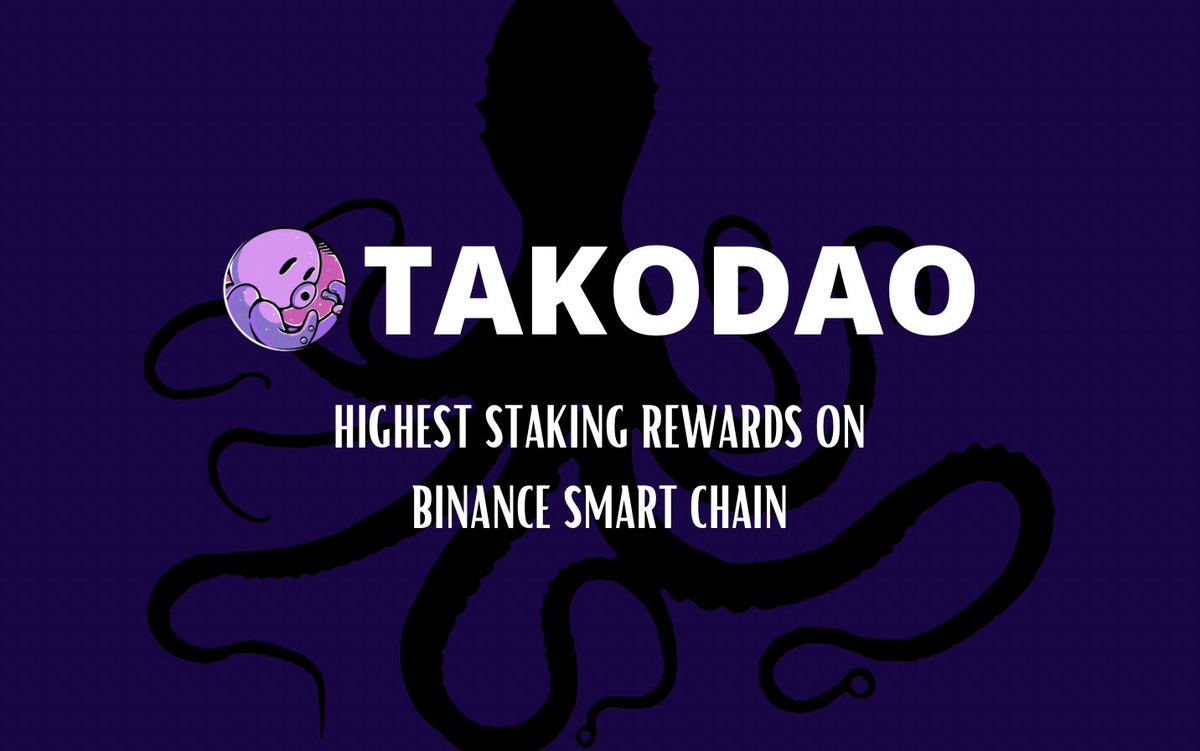 🚀 15th Jan and it is also the day we launch TakoDao.com - the highest staking bond rewards on BSC

Token address ($TKD): 0x6575622d885BE981aDE2F062bA29356EE54173dF

Airdrop for $SQUID holders taken during the snapshot on 28th Dec will happen tomorrow - 16th Jan.