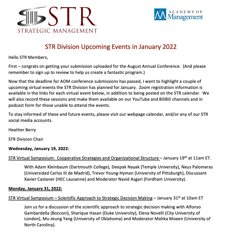 🚨STR 2022 #STRongerTogether starts! First event: Jan 19 Virtual Symposium: 'Cooperative Strategies and Organizational Structure.' Info and registration here: t.ly/KDso w. @akleinb @deepzkonnected @NeusPalomeras @tdyh81 & @xcastaner