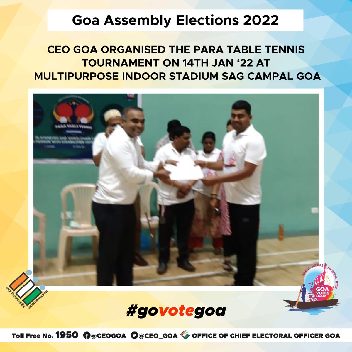 CEO_Goa's tweet photo. CEO Goa organised a Para Table Tennis tournament on 14th January for People with Disabilities to encourage voter participation and awareness.
#ParaTableTennis #CEOGOA #GoVoteGoa #GoaReadyToVote #YourVoteMatters #GoaElections2022 #GoaGoesToPolls #Goa #India https://t.co/mgCmt8XUcd