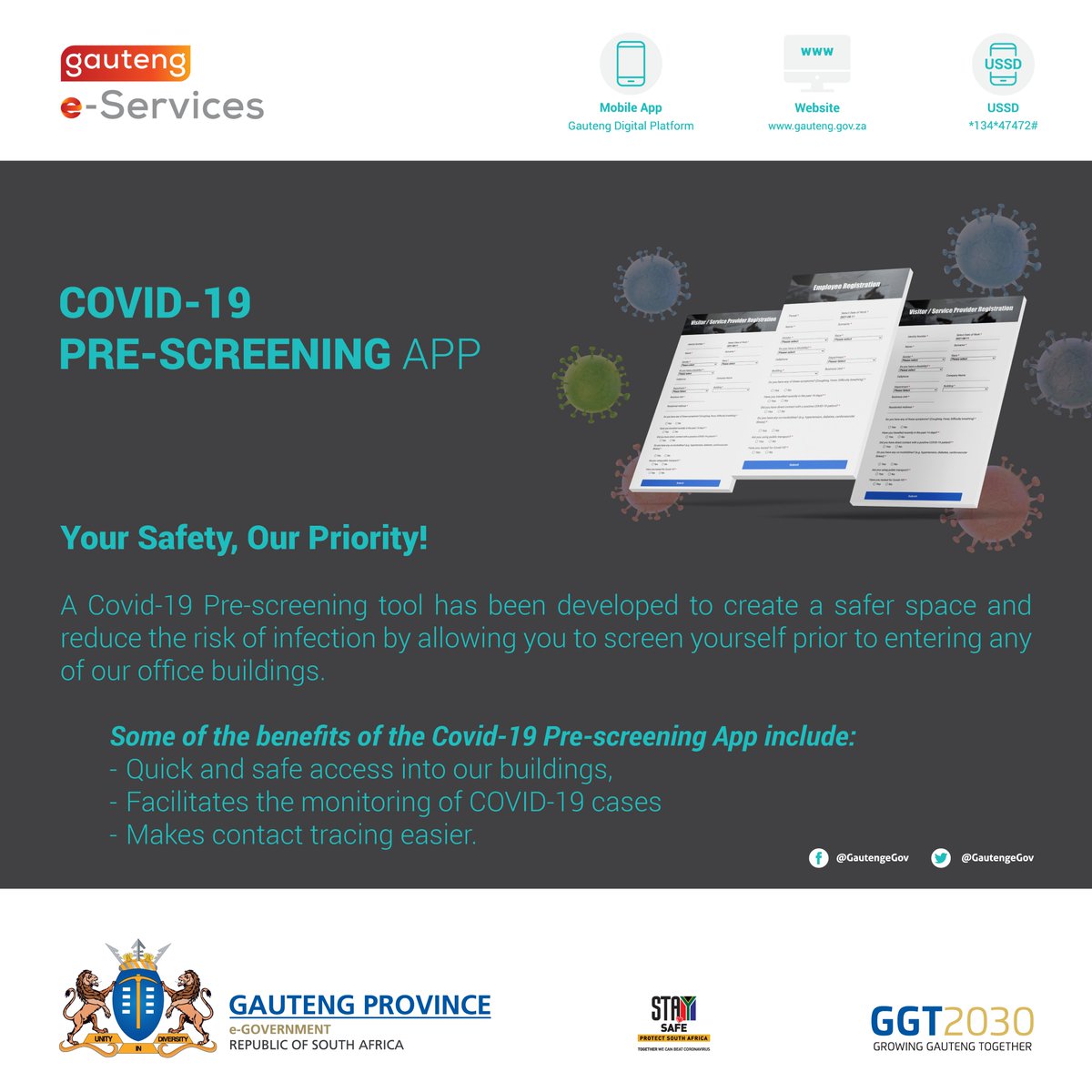 GautengeGov's tweet photo. Want to visit GPG offices?
 
Don't worry we have a #COVID19 PRE-SCREENING APP that allows you to conduct self-assessment before entering the building. Beat the queues and access our offices quicker.
 
Use this link to start your pre-screening: //me.gauteng.gov.za/ #AtYourServices https://t.co/vVzYBKm98X