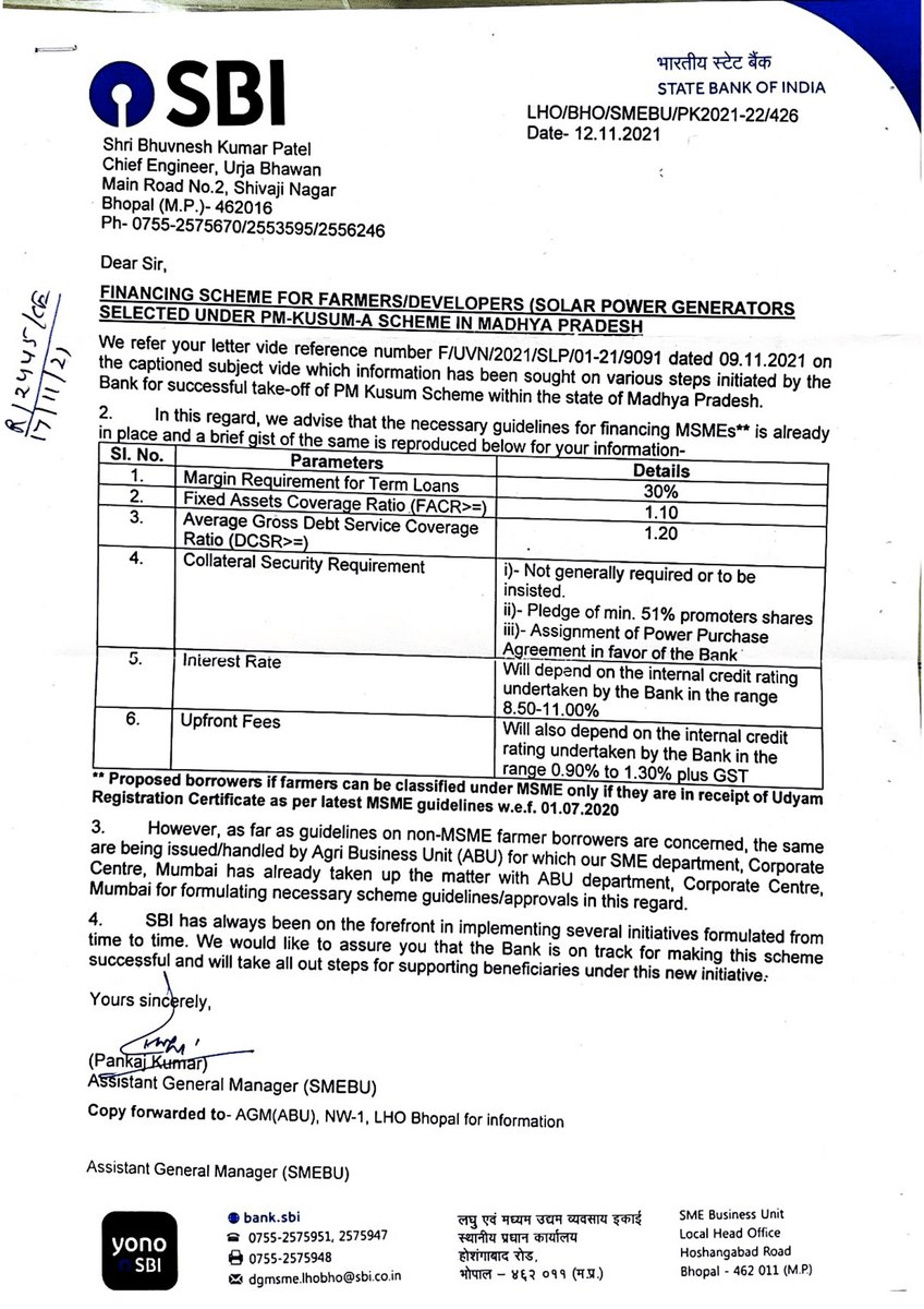 PMKUSUM's tweet photo. @drnarottammisra @MPUVN_Bhopal @PowerManageMP #PMKusuA_Finance95 - We Request you to please consider financing 95% collateral free soft loan for #PMKUSUM_A on 4% interest rate for 15 years with 2% #MSME interest rate subsidy,like ethanol.@TheOfficialSBI @MPUVN_Bhopal @RBI @opsakhlecha @FinMinIndia @CMMadhyaPradesh @PMOIndia https://t.co/QuW0wJ4ZKY