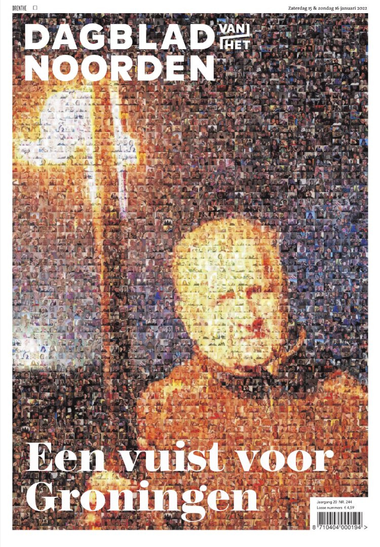 Dit is de voorpagina van DVHN, gemaakt van foto’s van Groningers die een vuist maken voor Groningen. #respectvoorGroningen