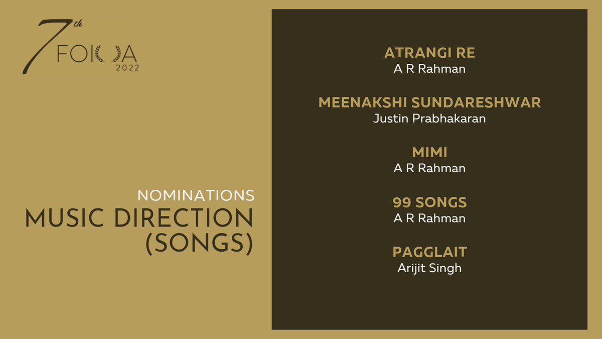 #7thFOIOA Nominations for Music Direction (Songs)
#AtrangiRe #MeenakshiSundareshwar #Mimi #99Songs #Pagglait
@arrahman @justin_tunes @arijitsingh