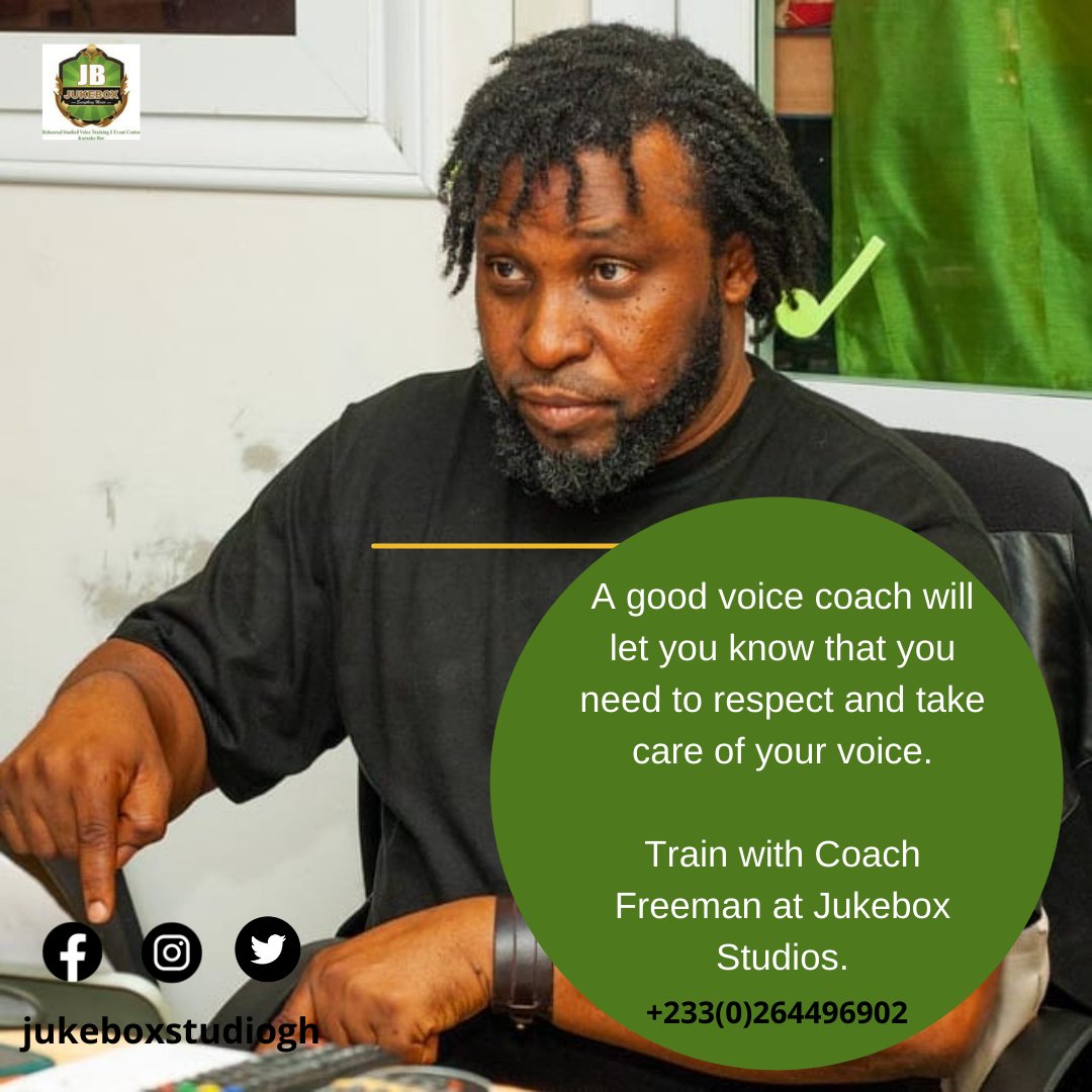 ekubaezia's tweet photo. A good voice coach will let you know that you need to respect and take care of your voice. 

Train with Coach Freeman today and get the best out of your voice.

We are located at East Legon. 
#JukeboxStudios #coachfreeman #coachfreemaname #voicetraining #talentgrooming https://t.co/YNs4HqsO5u