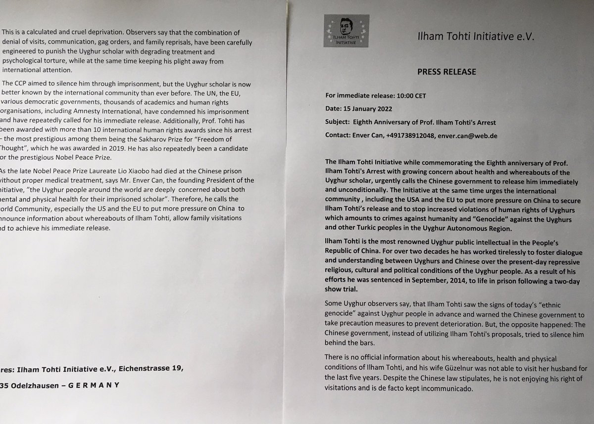 PRESS. RELEASE                                       The ITI while commemorating the Eight Anniversary of Ilham Tohti‘s Arrest with growing concern about the health and whereabouts of the Uyghur scholar, calls the Chinese government to release him immediately and unconditionally.