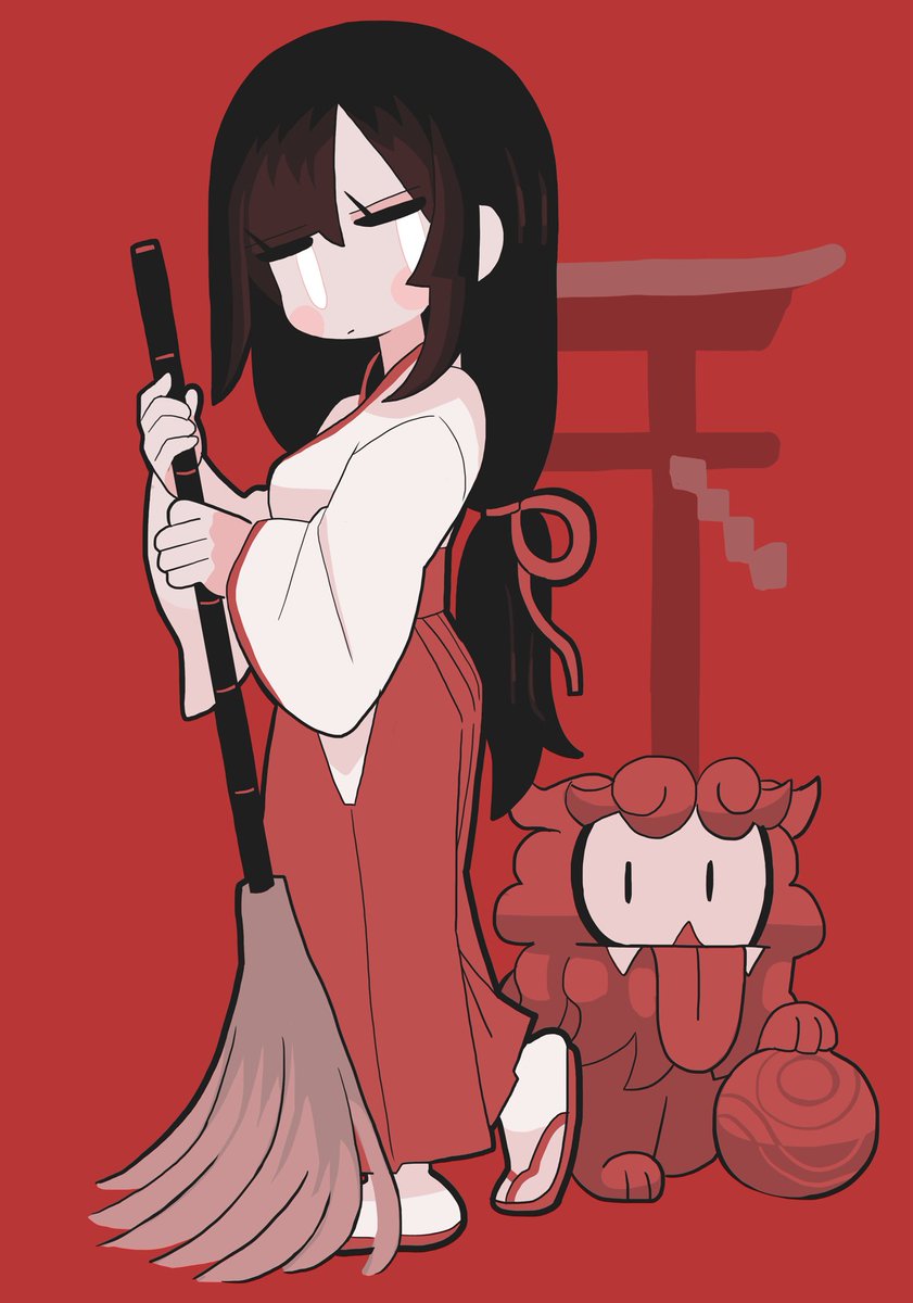 red background broom 1girl long hair japanese clothes black hair miko  illustration images