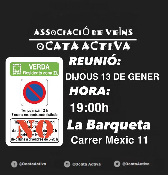 La 1a Assemblea de <a href="/OcatActiva/">OcatActiv@</a> del 2022 ha estat força concorreguda pel tema tractat; "la imminent implantació de zona verde d'estacionament regulat a tot el barri".
Adjuntem enllaç.
👇👇👇👇
ocata-activa.webnode.es/l/informacio-z…