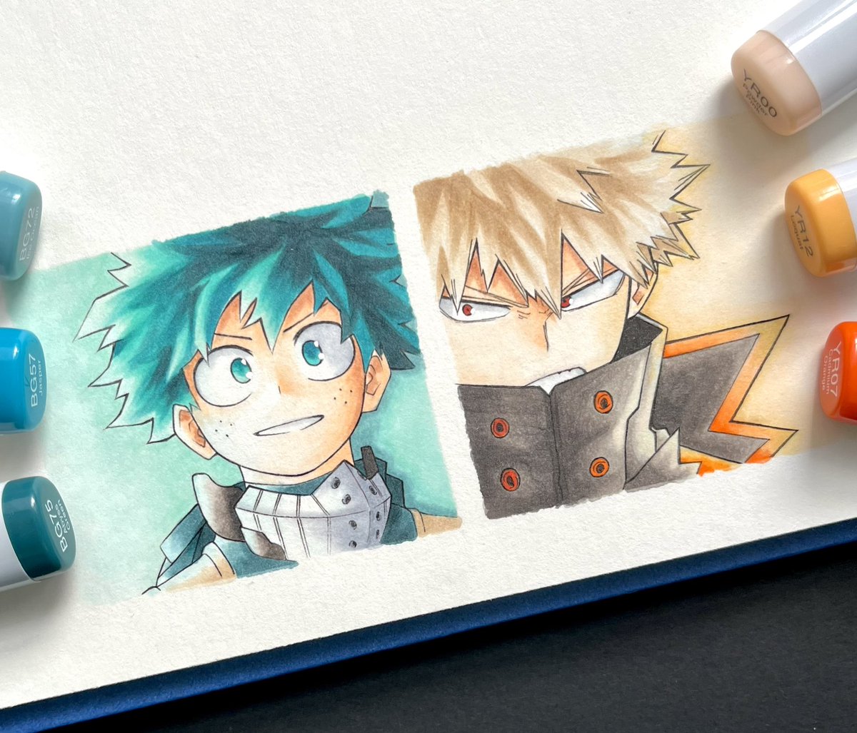 bakugou katsuki ,midoriya izuku multiple boys 2boys male focus freckles blonde hair marker (medium) green hair  illustration images