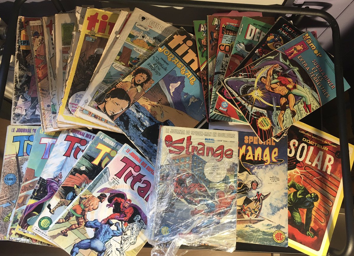 darthfilou's tweet photo. Je viens de réunir pr la 1ere fois depuis ~35 ans le #butin #bd #comics #magbd #Tintin #Lug #Artima qui a donc échappé aux flammes de l’enfer (comme ds Toy’s Story 3😉) grâce à mon oncle. Depuis, je les ai non seulement gardés (parfois en piteux état >1000 lectures)-> #collecbd🤯 https://t.co/X8OMhhkqiC
