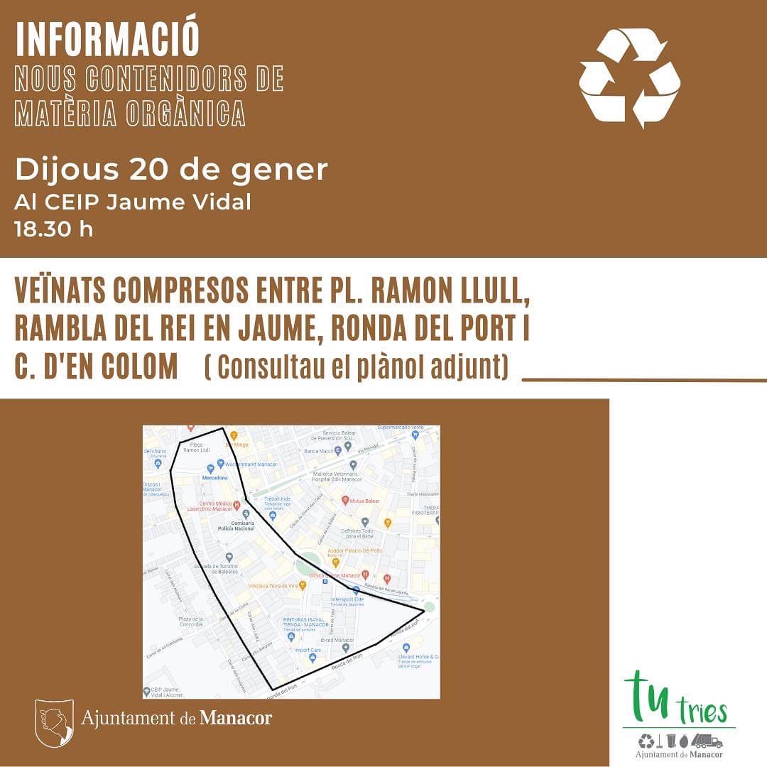 📣 Atenció, veïnats de la zona de del carrer Fàbrica i es Serralt!

Reunió informativa dijous 20 de gener al 📍 CEIP Jaume Vidal sobre els nous contenidors de matèria orgànica i avantatges de la tarifa reduïda de residus. 

⏰18.30 h 
⏰19.30 h

#FeimPoble #TuTries #MediAmbient