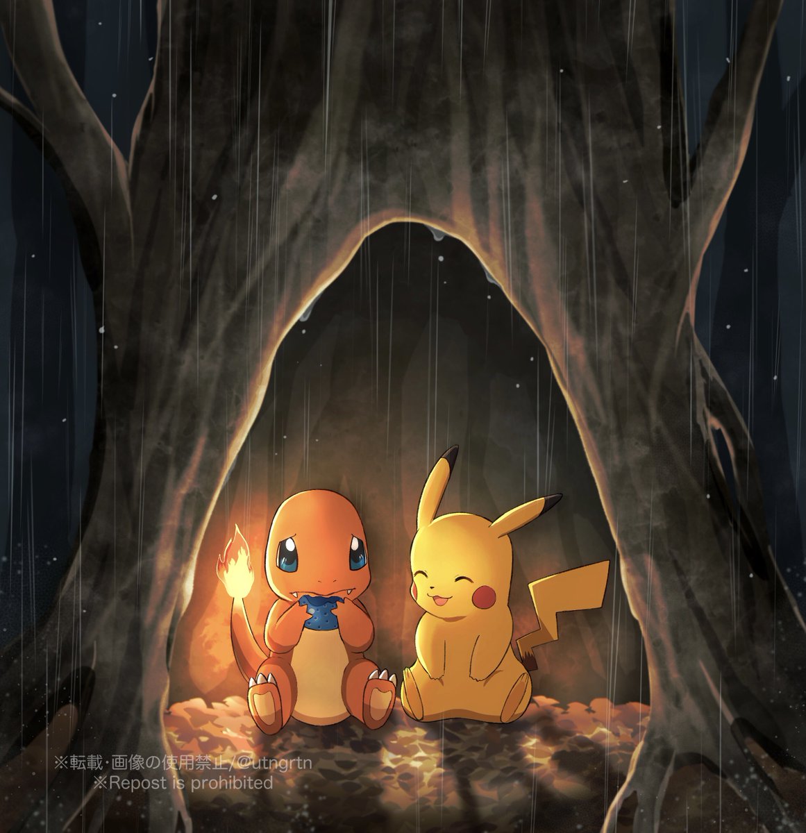 charmander ,pikachu pokemon (creature) flame-tipped tail fire sitting no humans flame closed eyes  illustration images