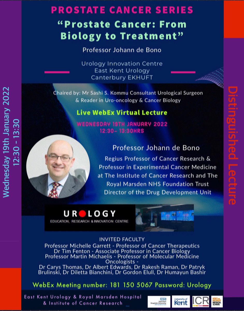 East Kent Urology (@eastkenturol) on Twitter photo Join us <a href="/EastKentUrol/">East Kent Urology</a> <a href="/EKHUFT/">East Kent Hospitals</a> Wed 19TH January WebEx 12:30-13:30 Honoured to host Professor Johann de Bono Distinguished Lecture -“Prostate Cancer: From Biology to Treatment”.Chair:Sashi Kommu <a href="/UniKent/">University of Kent</a> <a href="/KMMSmedschool/">KMMS Medical School</a> <a href="/BAUSurology/">BAUS</a> <a href="/royalmarsdenNHS/">The Royal Marsden NHS Foundation Trust</a> <a href="/ICR_London/">The ICR</a> <a href="/PCFnews/">Prostate Cancer Foundation</a> <a href="/ProstateUK/">Prostate Cancer UK</a> Join us <a href="/EastKentUrol/">East Kent Urology</a> <a href="/EKHUFT/">East Kent Hospitals</a> Wed 19TH January WebEx 12:30-13:30 Honoured to host Professor Johann de Bono Distinguished Lecture -“Prostate Cancer: From Biology to Treatment”.Chair:Sashi Kommu <a href="/UniKent/">University of Kent</a> <a href="/KMMSmedschool/">KMMS Medical School</a> <a href="/BAUSurology/">BAUS</a> <a href="/royalmarsdenNHS/">The Royal Marsden NHS Foundation Trust</a> <a href="/ICR_London/">The ICR</a> <a href="/PCFnews/">Prostate Cancer Foundation</a> <a href="/ProstateUK/">Prostate Cancer UK</a>