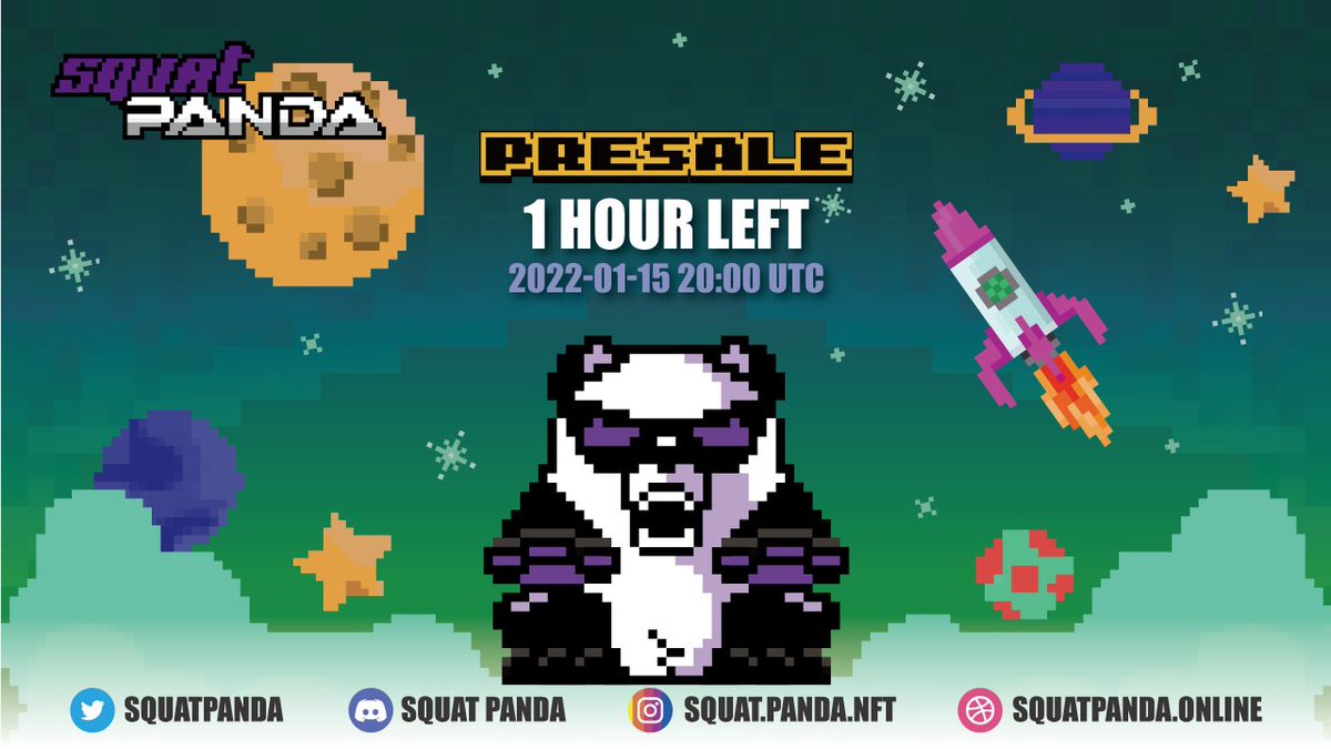 SquatPanda's tweet photo. 📣 Presale of Squat Panda 🐼🐼

🚀 1 Hours Left 🔥🔥

The first of 500 NFTs claimed within 72 hours. 🎉🎉

📆 Date: 2021-01-15 20:00 UTC

💰Price: 50 MATIC 

🔗 Link: https://t.co/eE356vZBEv

Address 
0xec048A13b46c31d91701cB1791E860Aac9a8d11A

#NFTs #SquatPanda #PolygonNFT 
#NFT https://t.co/1IczL7fgsU