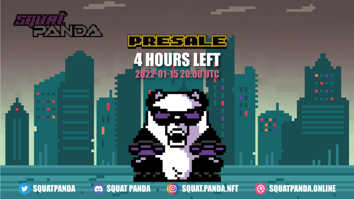 SquatPanda's tweet photo. 📣 Presale of Squat Panda 🐼🐼

🚀 4 Hours Left 🔥🔥

The first of 500 NFTs claimed within 72 hours. 🎉🎉

📆 Date: 2021-01-15 20:00 UTC

💰Price: 50 MATIC 

🔗 Link: https://t.co/eE356whcw3

Address 
0xec048A13b46c31d91701cB1791E860Aac9a8d11A

#NFTs #SquatPanda #PolygonNFT 
#NFT https://t.co/0aQkdon8fw