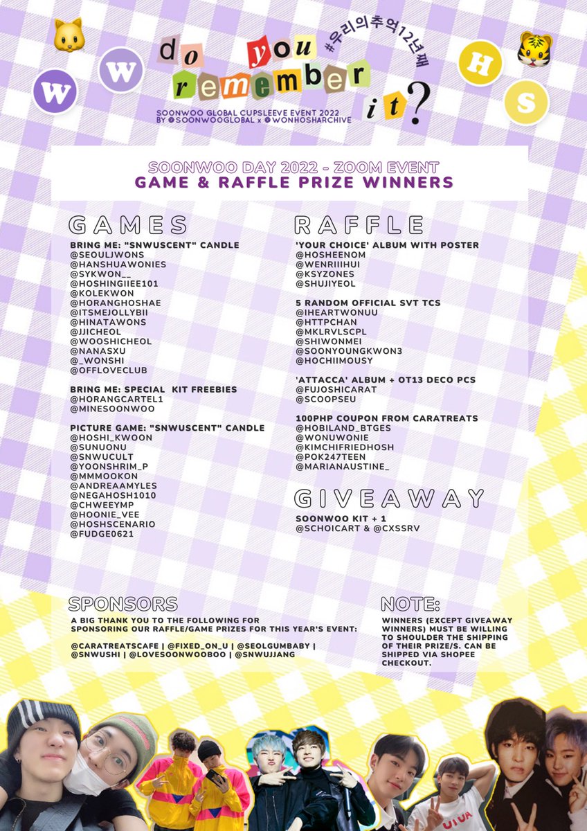 0104cart's tweet photo. π₯³ #0104PH GAME/RAFFLE WINNERS π
Congratulations to the following for winning in our event games and raffle! Pls check your email for further details.
And to @schoicart & @cxssrv for winning our snwu kit giveaway! Kindly reply to our DM within 24hrs
See you next year! ππ https://t.co/mzHLjDsVkE