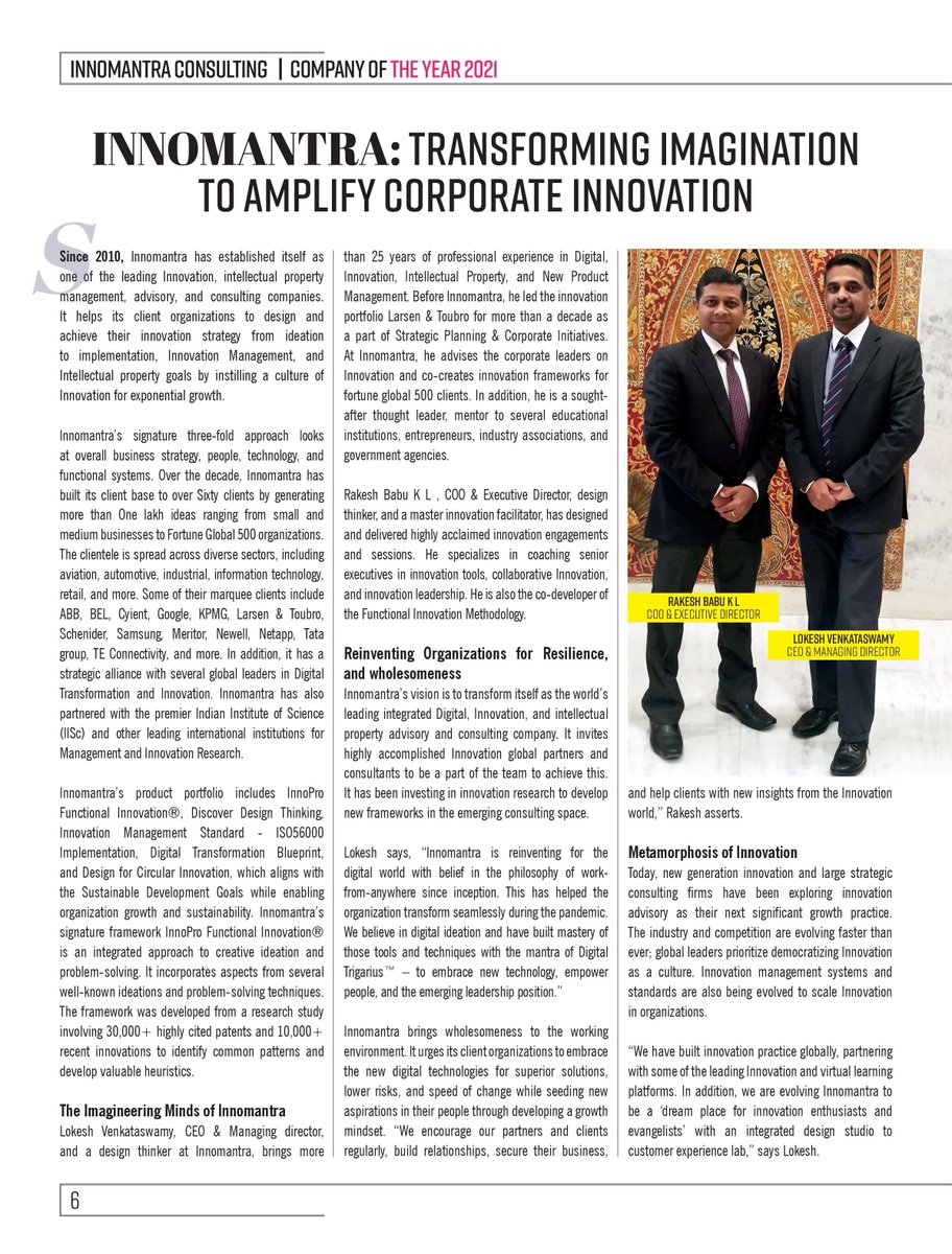 Innomantra <a href="/FortuneIndia/">Fortune India</a> Exchange - Company of the Year 2021. Our gratitude to innovation leaders and clients for their continued support as we celebrate a Decade of Innovation
<a href="/Lokesh_Mysore/">Lokesh Venkataswamy</a> <a href="/ideas_rakesh/">K.L Rakesh Babu</a> 
#Innovation #digitaltransformation #designthinking #innovationconsulting