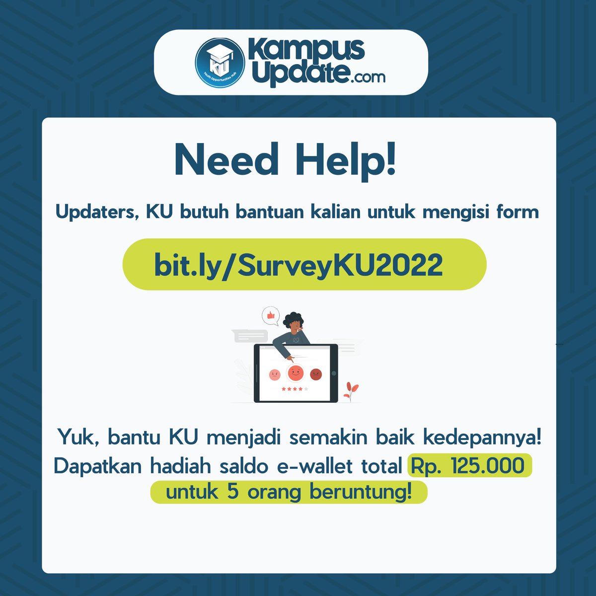 KampusUpdate's tweet photo. Hi Updaters!
MinKU butuh bantuan dari Updaters nih supaya KU jadi lebih baik lagi 😆
Caranya gampang banget, Updaters tinggal isi form di https://t.co/2VspqJUGyE. MinKU juga punya hadiah untuk 5 Updaters yang beruntung!
Terima kasih Updaters 🙌🏻
#MiniSurvey https://t.co/qZjwHshv0r