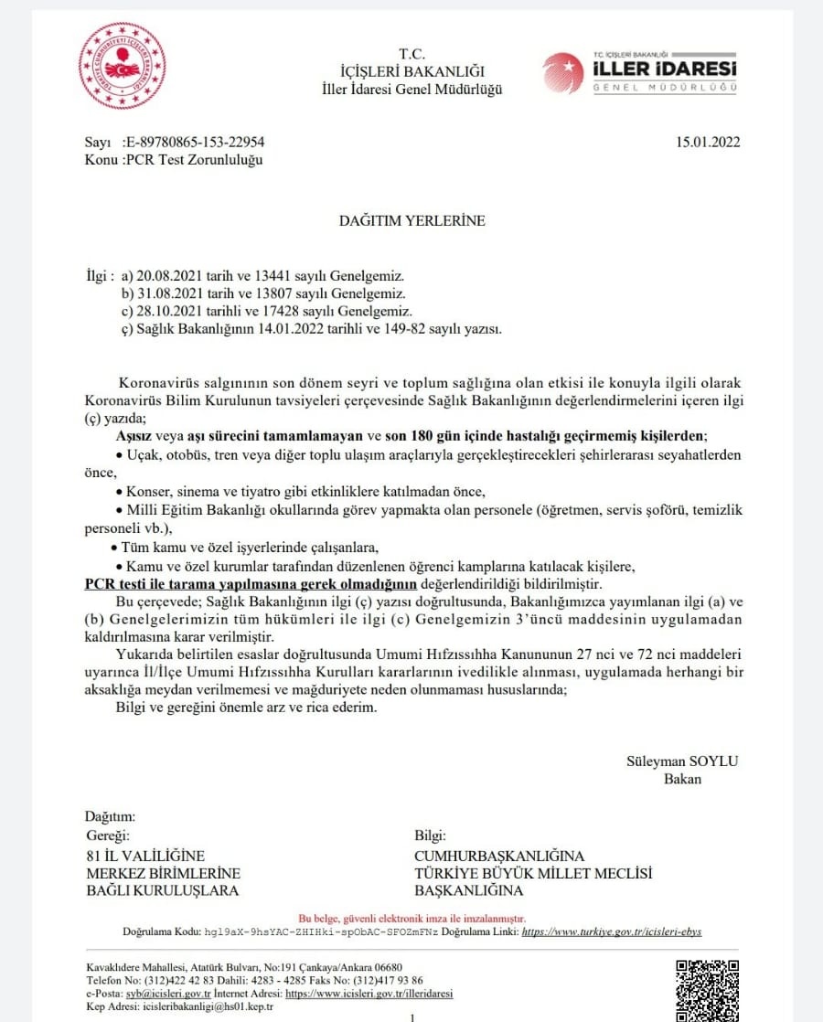 PCR genelgesi İPTAL EDİLMİŞTİR. Hayırlı olsun !