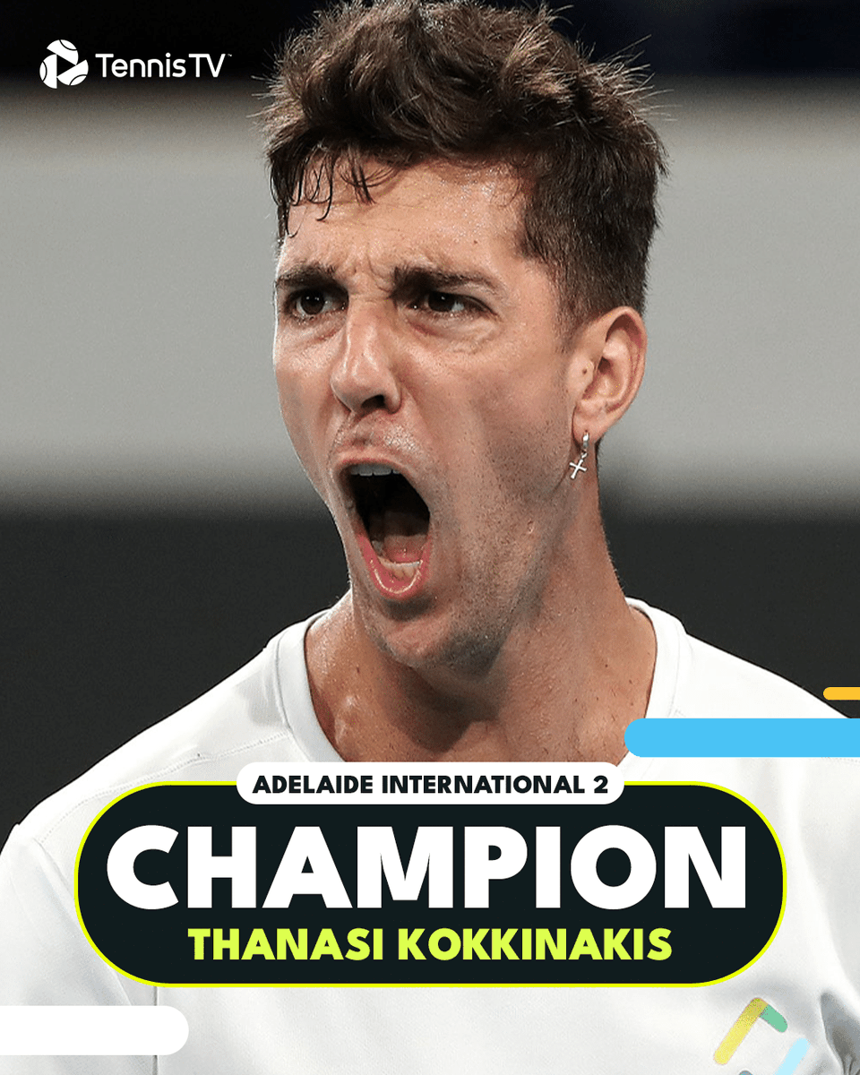 TennisTV's tweet photo. MADE IN ADELAIDE 🏆

@TKokkinakis wins his first-ever ATP title, defeating Rinderknech 6-7 7-6 6-3 in his home town of Adelaide! https://t.co/9KEjfx3t20