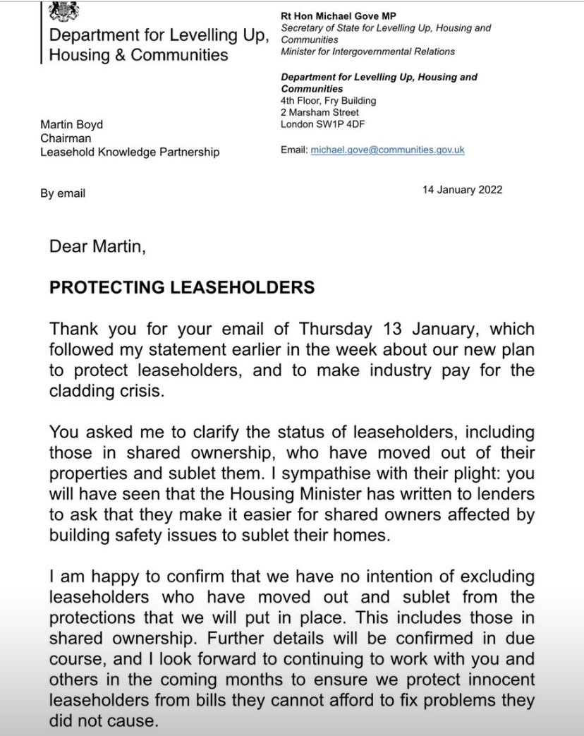 team_greenhalgh's tweet photo. @JollyRodger77 @bradhester @luhc @michaelgove Oliver - I am happy to clarify the status of #leaseholders + put a stop to this nonsense that those who sublet are excluded from our commitment to protect #leaseholders from the #BuildingSafetyCrisis. https://t.co/pKVFxNzP6K