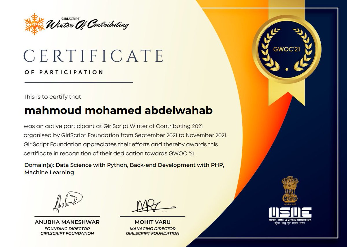 _hopa_'s tweet photo. Finally, I received GirlScript Winter of Contributing certificate.🥳
Domain:- Data science with python, machine learning
Great Experience and Great Support from @Girlscript1  and @girlscriptwoc
#machinelearning #datascience #dataanalysis
#girlscriptfoundation #opensource #github https://t.co/OwLxTp0SZ0