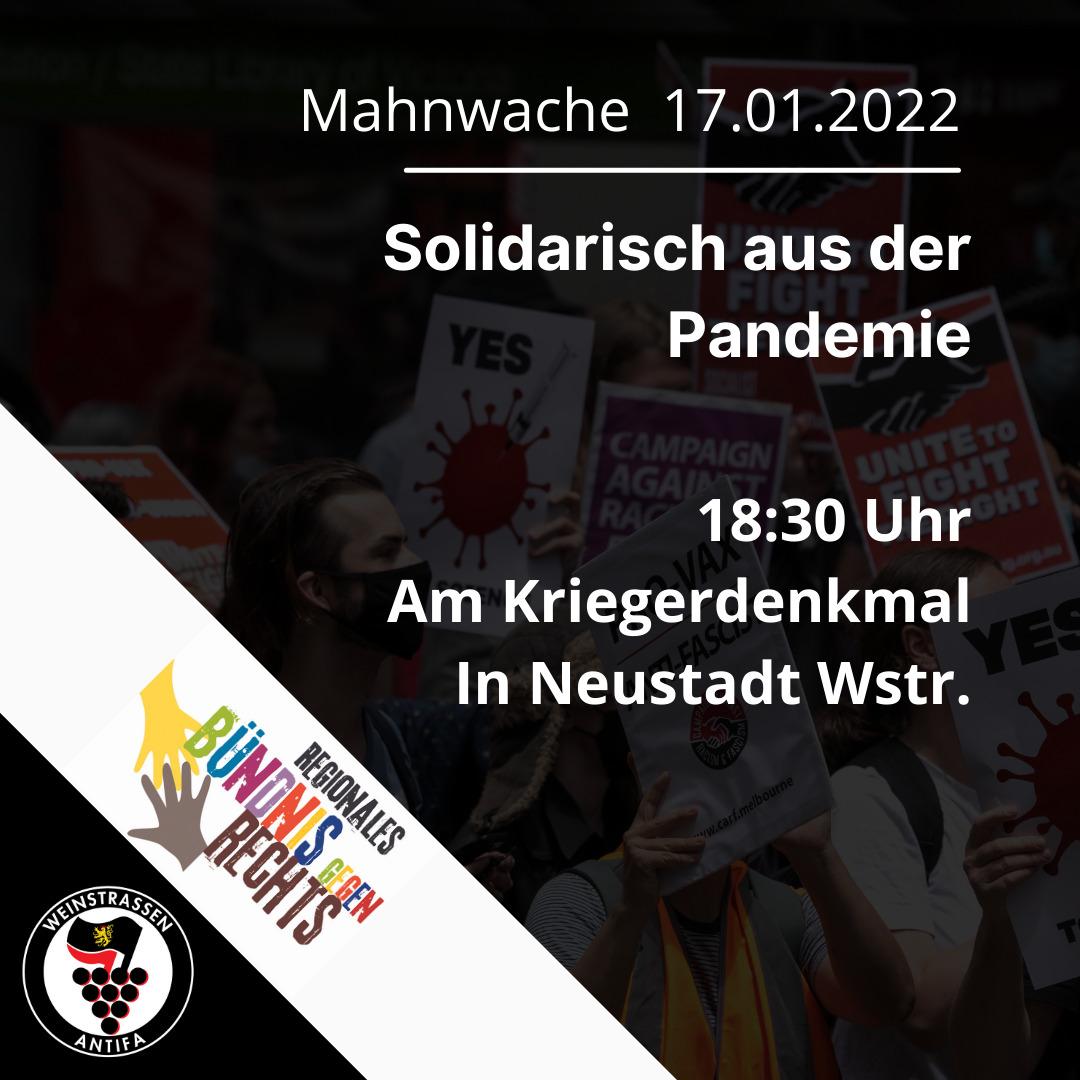 Antifa_wstr's tweet photo. Kommt am Montag den 17.01.2022 zur Mahnwache "Solidarisch aus der Pandemie" ab 18:30 Uhr am Kriegerdenkmal in Neustadt! Zeigt euch solidarisch, bringt Fahnen, Transpis und Schilder- seid laut!
Kein Platz für geschwurbel!
#NW1701 #Antifa #Solidarity https://t.co/WhIrct2hBu