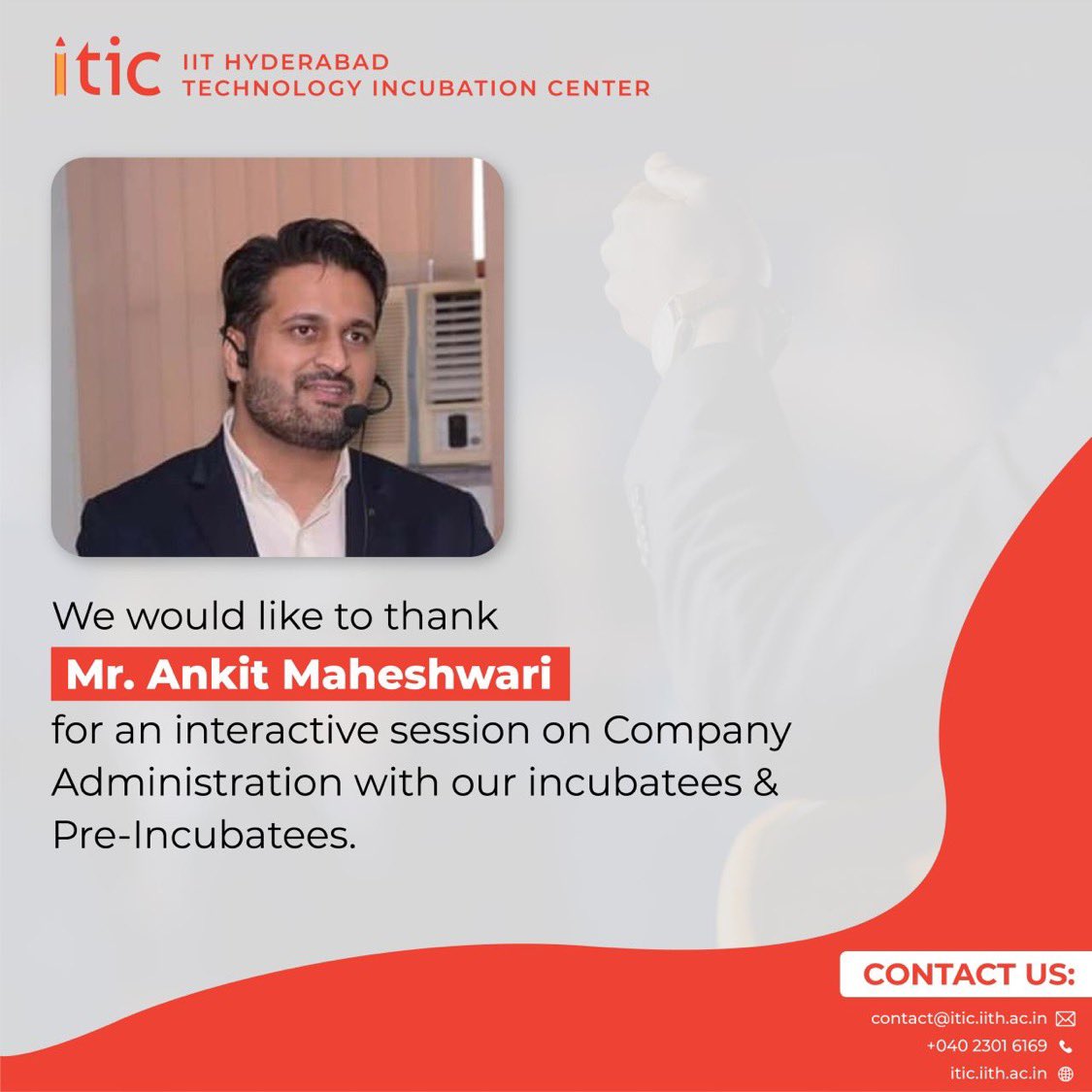 iTICIncubator's tweet photo. We appreciate the efforts of Mr. @CAAnkitM for conducting a closed door Interactive session on Company Administration

@IITHyderabad https://t.co/HPsZxQ4gIW