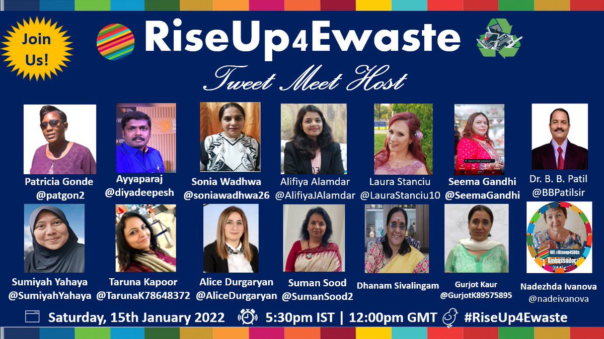 📣 #Shout OutAn Invite here… #Students &amp; #Educators
#RiseUp4EWaste TweetMeet
<a href="/RiseUp4SDGs/">SDG's : The Rising</a> #ewasterecycling
#SDG3
Date: 15th Jan 2022
Time: 5.30pm
Join Us .
<a href="/RiseUp4SDGs/">SDG's : The Rising</a> <a href="/sdgchoupal/"><a href="/sdgchoupal/">@sdgchoupal #CollectiveSDGAction</a> #CollectiveSDGAction</a> @ConnectAID_int @sdgchoupal <a href="/SDGS4GOOD/">Elle Bushfield ⭕️</a> <a href="/charuchhabra2/">Dr. Charu Chhabra</a> <a href="/banaqvi/">علی امامِ منستُ منم غلامِ علی</a> <a href="/shardapullabha2/">sharda pullabhatla</a> <a href="/AlifiyaJAlamdar/">Alifiya J Alamdar</a>