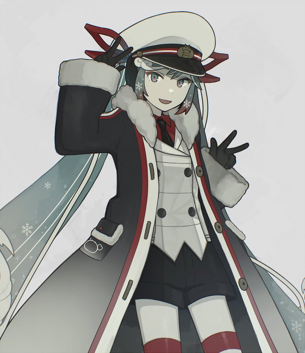 hatsune miku ,yuki miku 1girl solo red shirt necktie black necktie hat shorts  illustration images